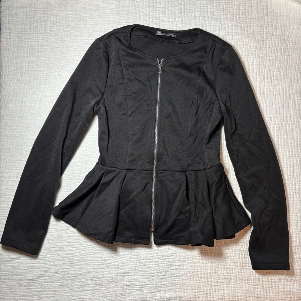 SHEIN Black Peplum Zip-Up Top